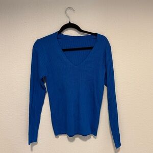 Blue V-Neck Ribbed Women's Sweater Top
